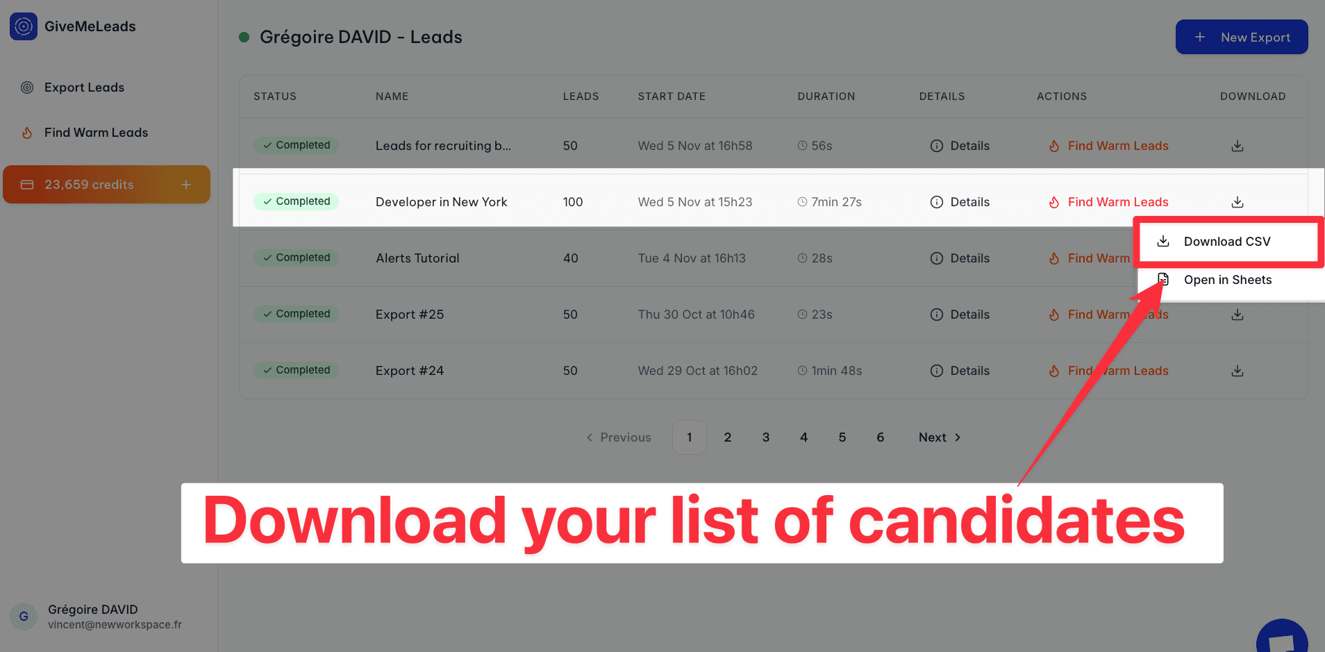 Download a list of candidates from LinkedIn Sales Navigator with GiveMeLeads