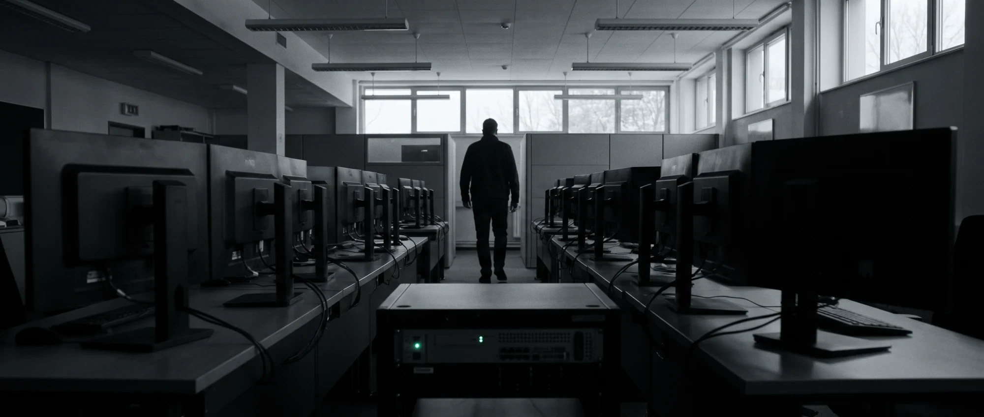 A post-trade operations floor, rows of monitors seen edge-on, one figure walking between them toward a window.
