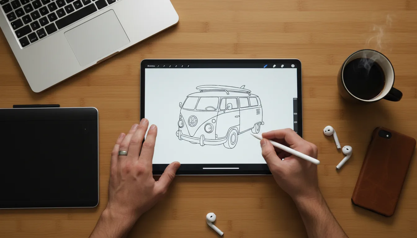 Top-down flat lay photography of a digital artist's workspace on a bamboo wood desk. In the center, a man's hands are drawing a line art illustration of a vintage van on a large tablet using a white stylus. The scene is illuminated by soft, even natural daylight with a sharp focus. Surrounding the tablet is a neatly arranged silver laptop, a black graphics drawing tablet, a smartphone in a brown leather case, a mug of black coffee, and white wireless earbuds.