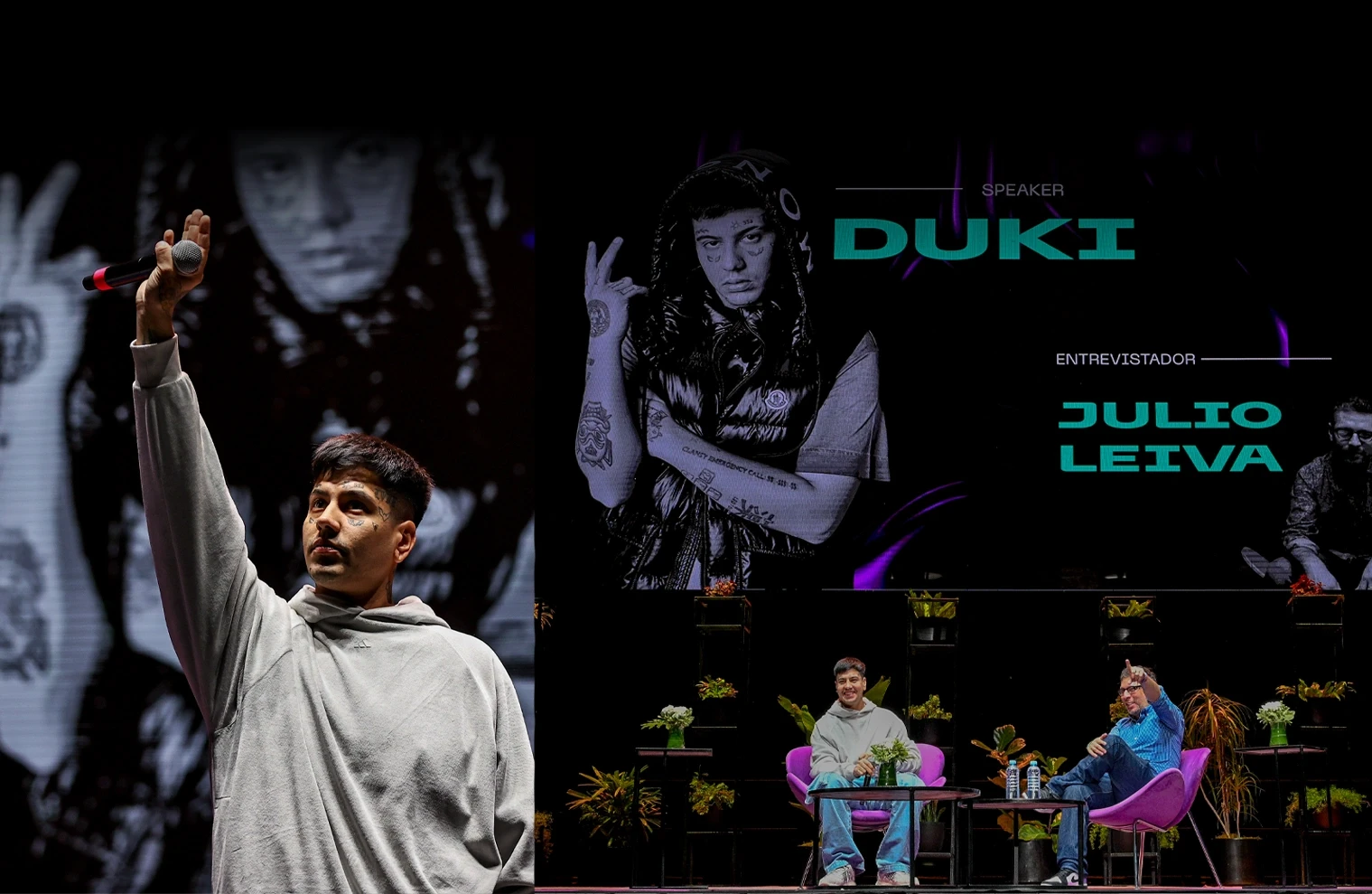 Dos imagenes como header. Foto izquierda cantante Duki con mano derecha levantada saludando. Foto derecha, Duki con Julio Leiva sentados en una entrevista, en el evento Experiencia Endeavor Sub20