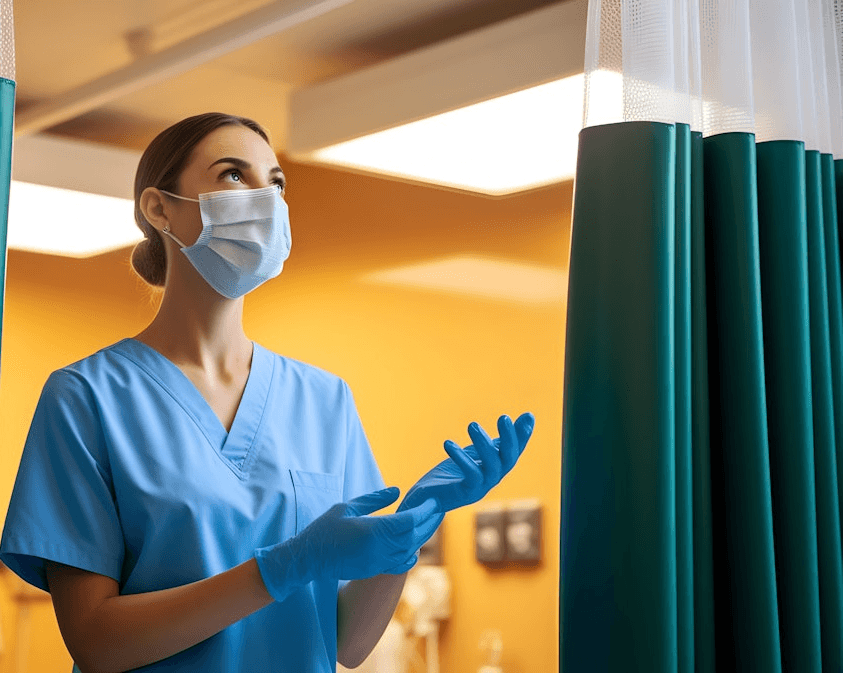 A nurse in blue scrubs and mask is putting on gloves, standing in a hospital room with teal curtains. The setting is professional and focused.