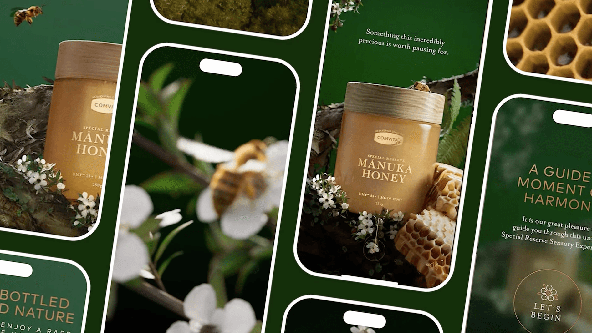A grid of social adverts showing work done for Comvita Honey digital campaign