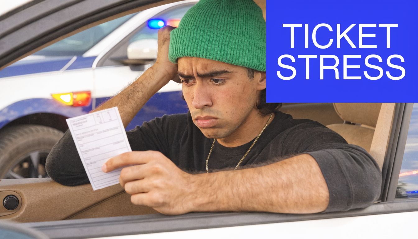 A stressed young man in a green beanie sitting in his car holding a traffic ticket