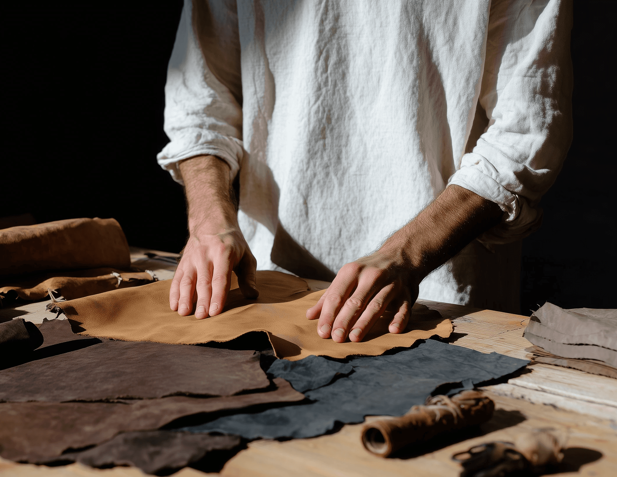 Woman in a light suit sitting thoughtfully against a terracotta wall