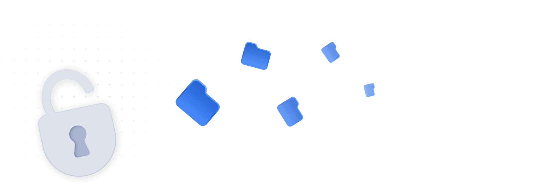 Open lock icon with blue file folders being released