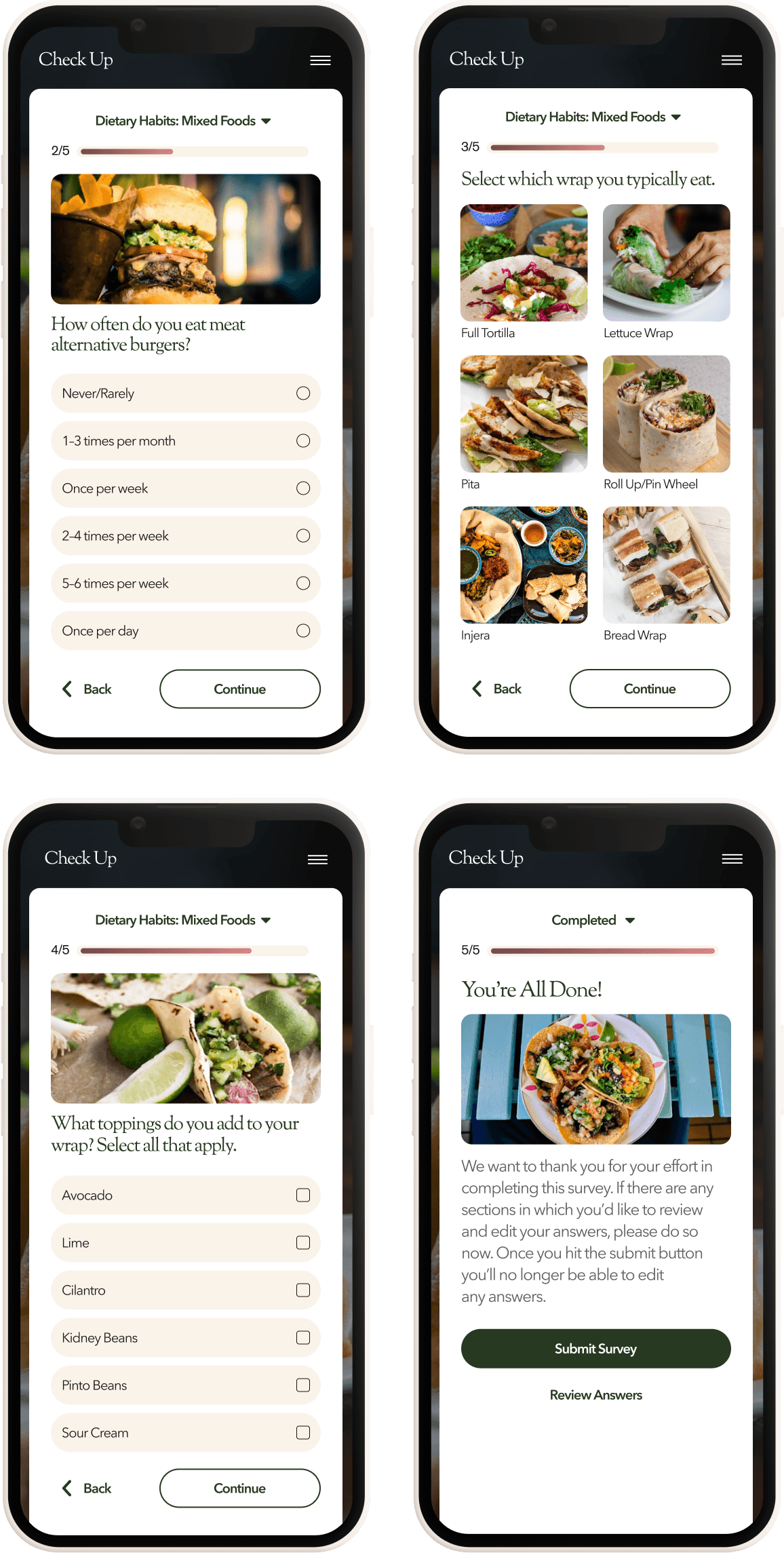 Mobile UI Screens showing the onboarding flow, asking about regular eating habits.