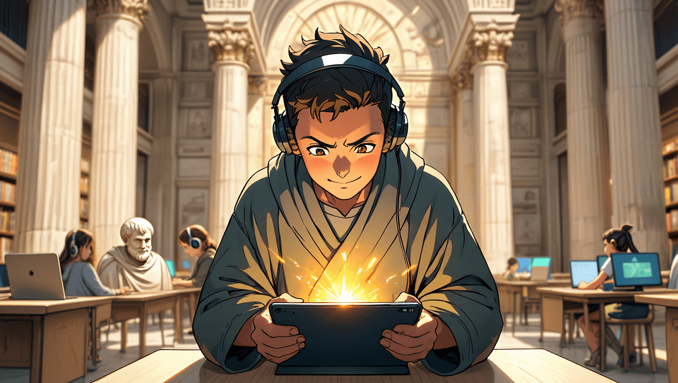 Students studying with tablets and laptops in a bright, modern setting