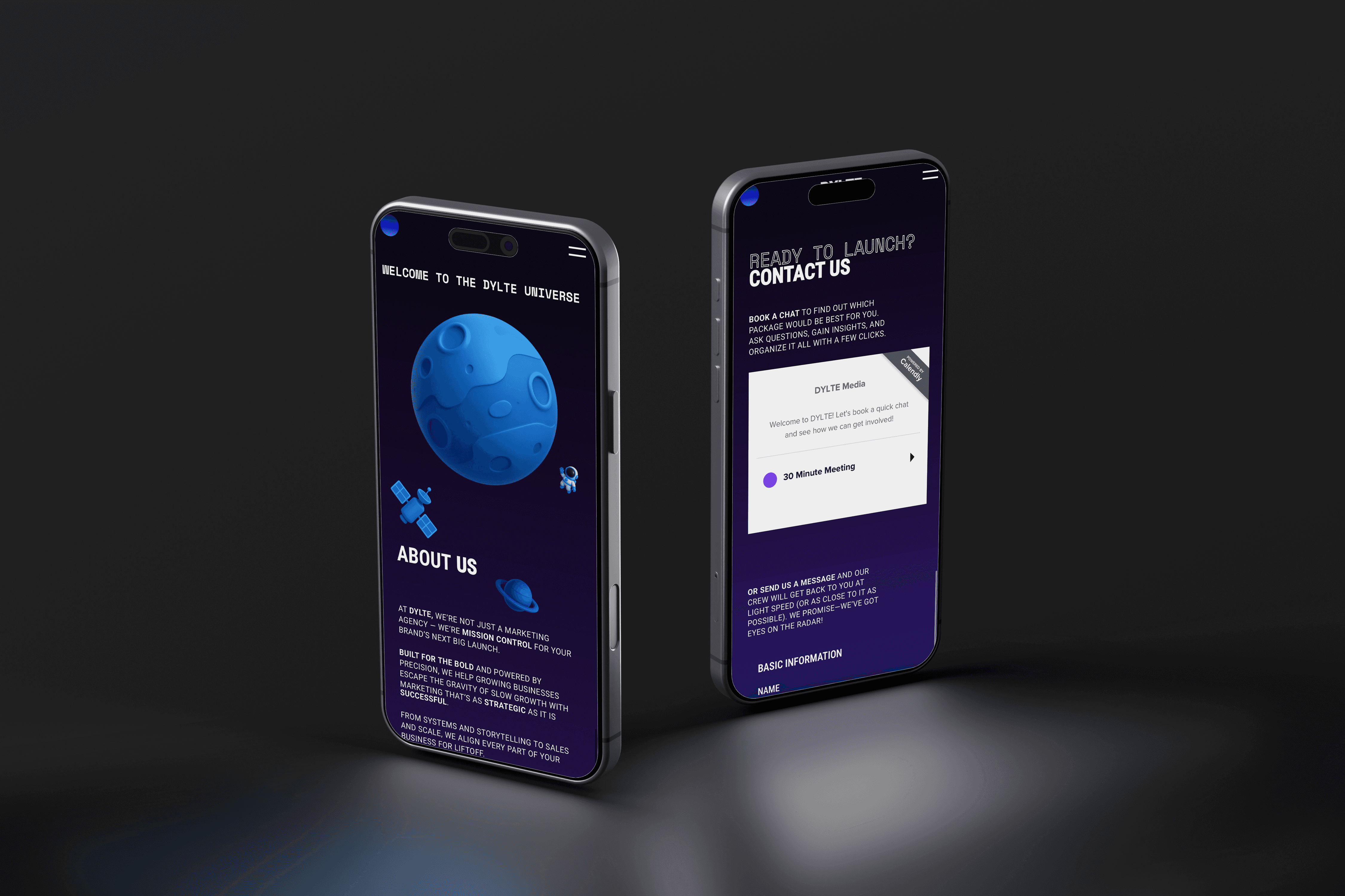 two phones in a dark room displaying a website on different pages