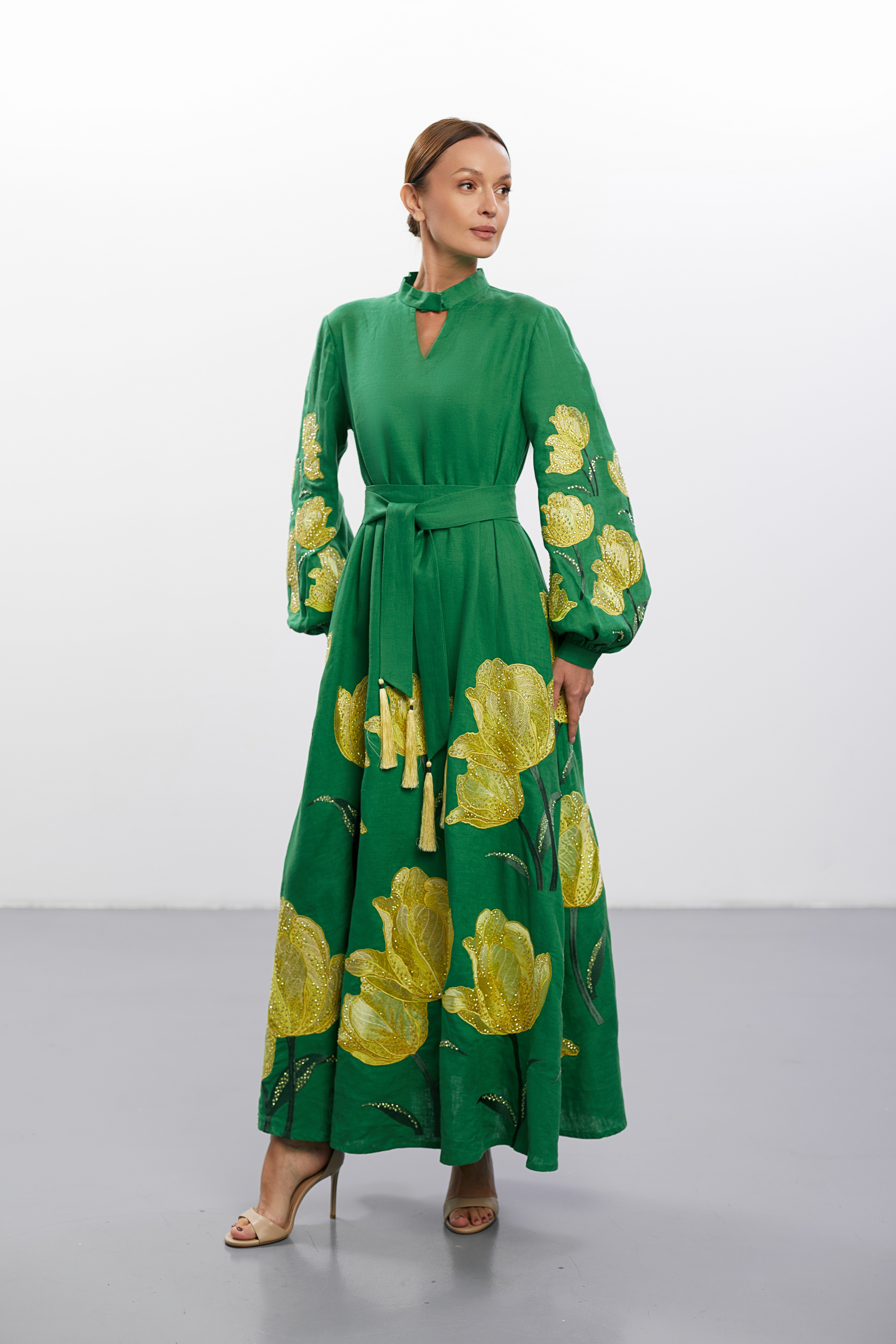 Emerald Petal Linen Gown