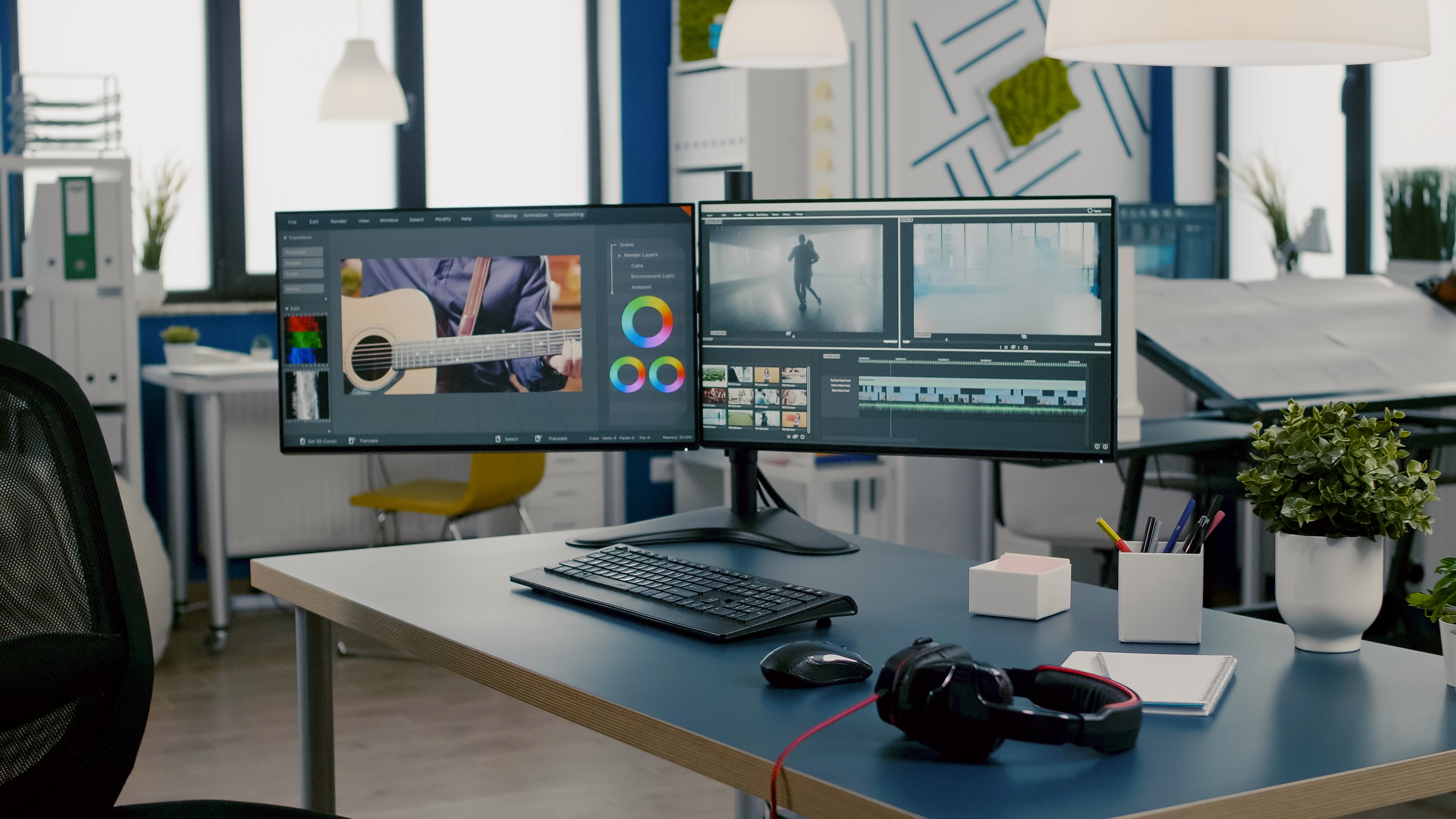 Modern workspace with dual monitors displaying video editing software, representing the process of finding the best video editor.