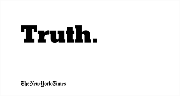A gif with two static parts, "Truth." and "The New Yorker." There is are changing sentences under the "Truth.": "the alternative is a lie.", "It's rarely simple." and "It's more important now than ever."