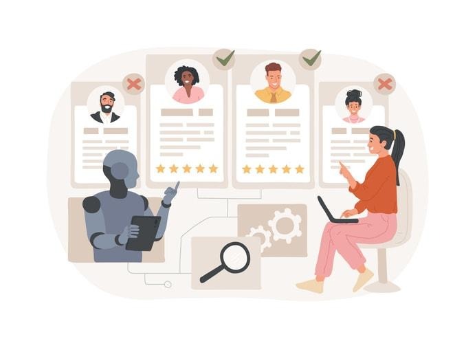 A graphic representation of AI solutions for hiring, with a blurred view of an AI tool interface.