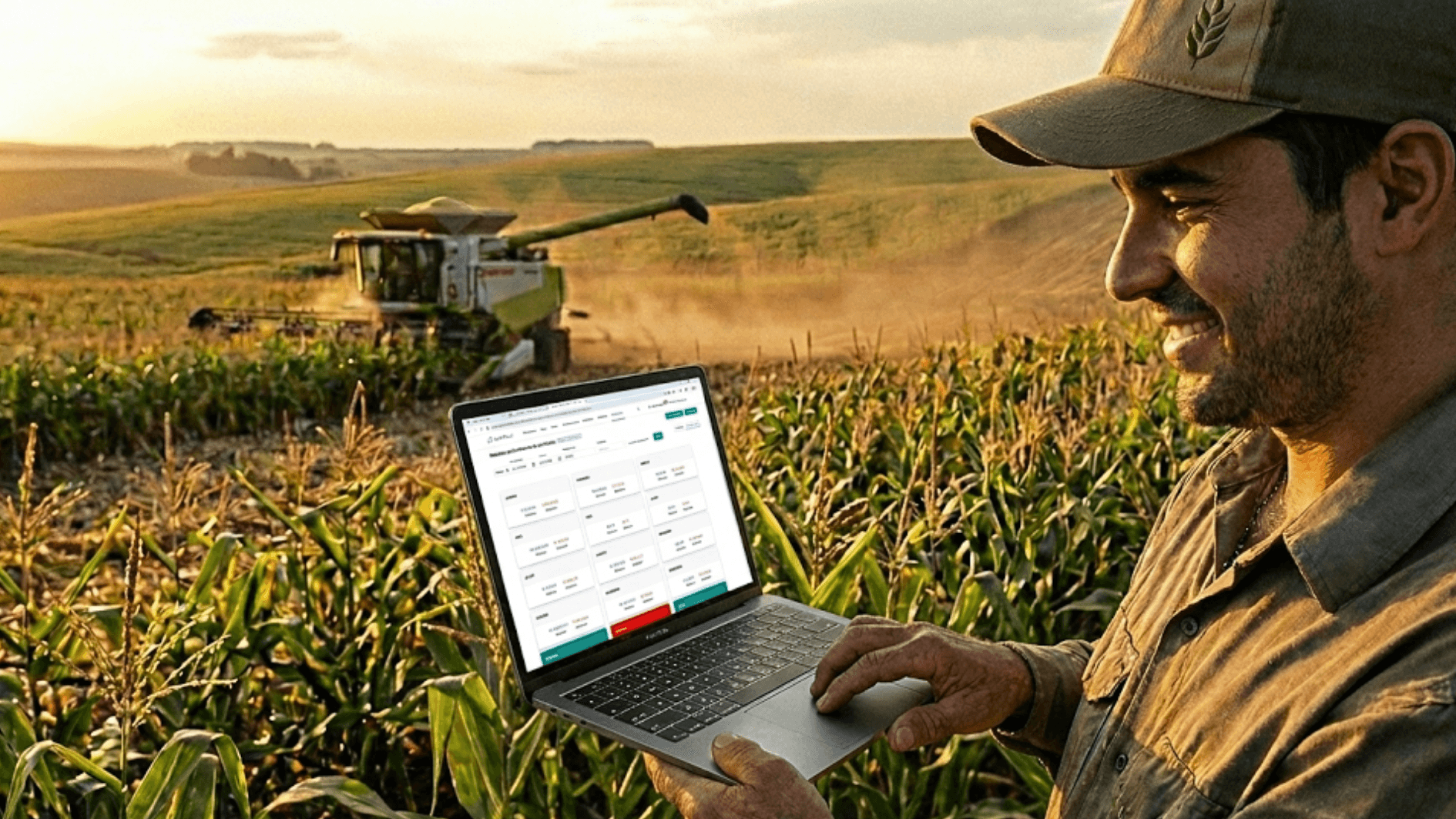 Produtor rural no campo analisa relatório do Livro Caixa Digital (LCDPR) no software Lucro Rural, com colheitadeira ao fundo.