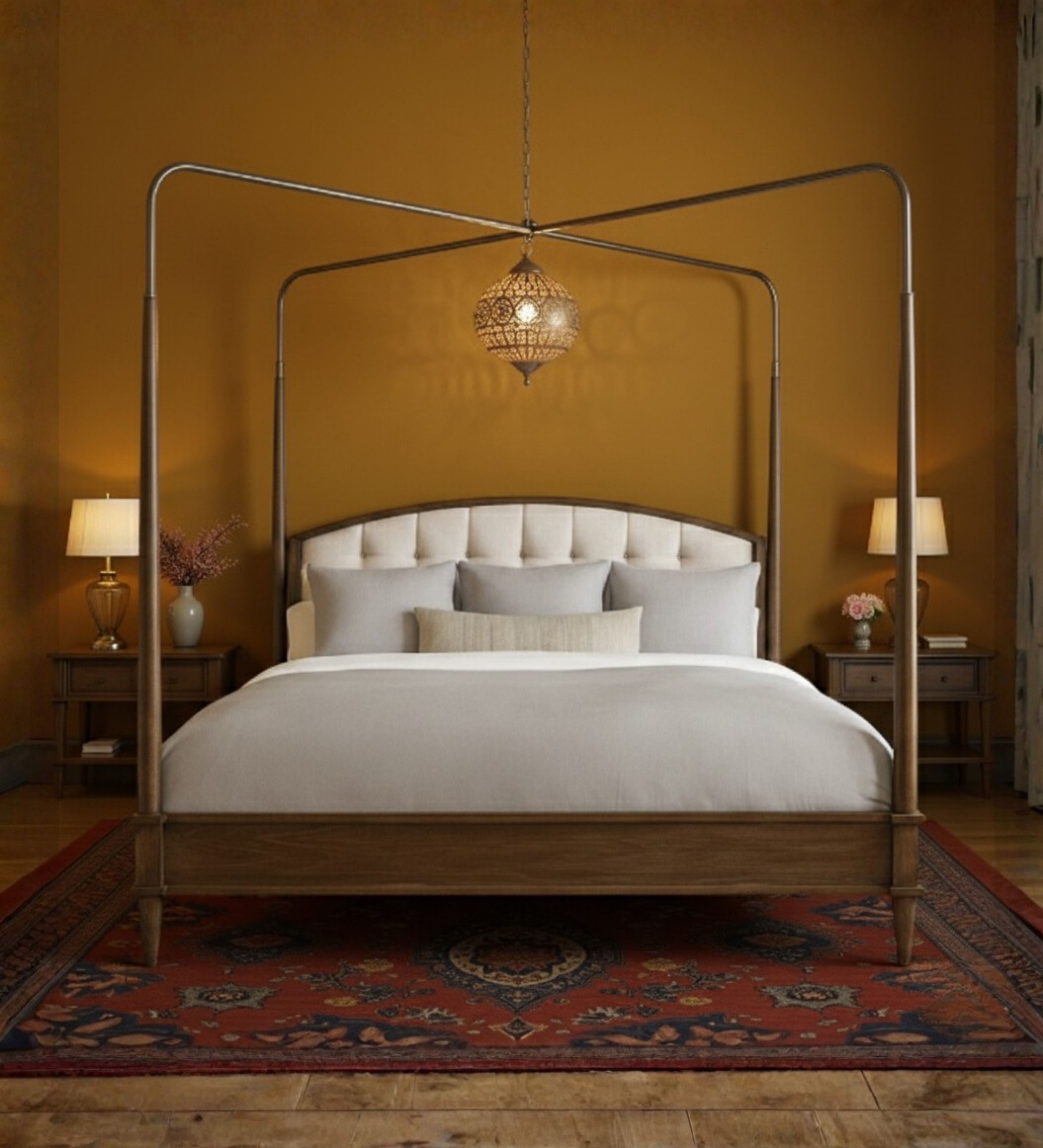 Upholstered bed with arched metal frame and suspended canopy form