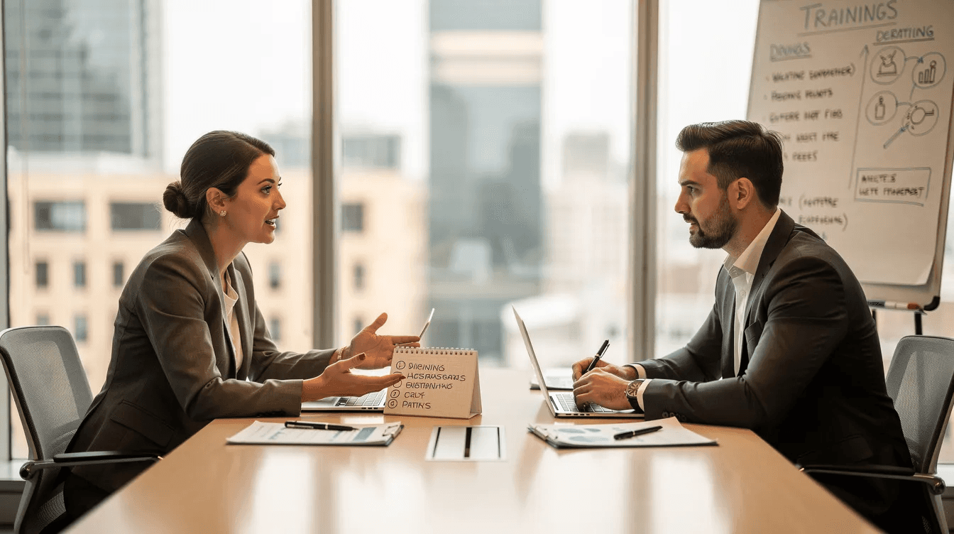 Deux professionnels échangent des idées lors d'un débriefing de formation, discutant des compétences acquises et des objectifs à atteindre dans le cadre d'une formation en situation de travail afest. L'environnement est propice à l'évaluation des pratiques et à la mise en œuvre de nouvelles stratégies pour le développement des salariés.