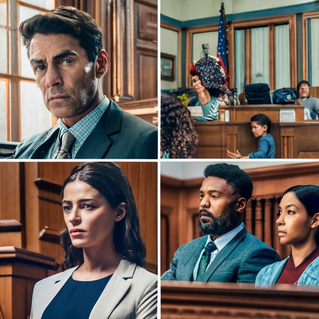 Split-screen image showing a courtroom for defensive asylum and a family at home for affirmative asylum.