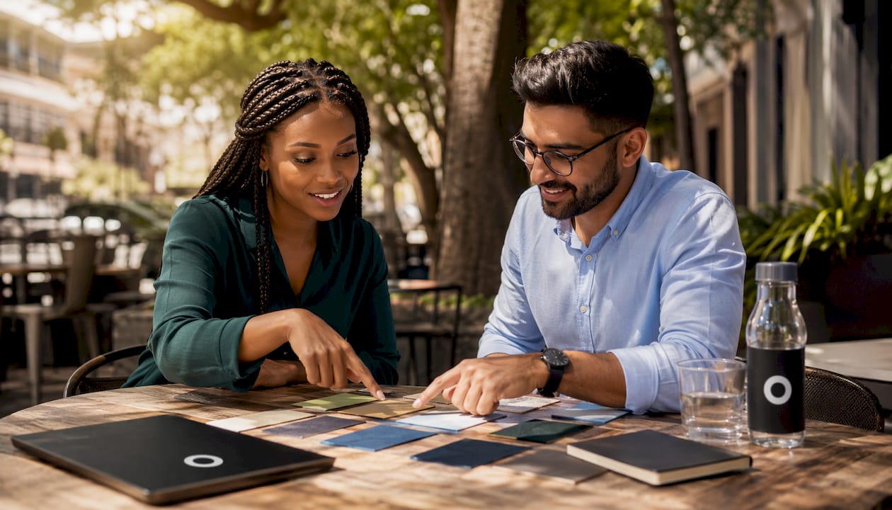 Two colleagues discussing brand style tiles in meeting room