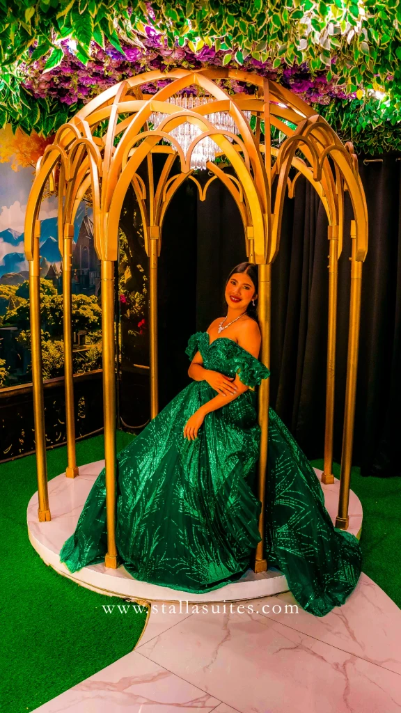 Debutante in emerald inside the gazebo at Pandora Hall, Stalla Suites QC