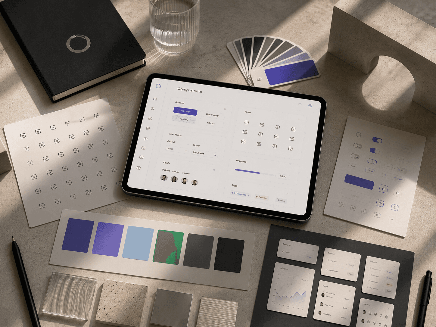 Top-down view of a modern design system workspace featuring a tablet displaying reusable UI components, typography, color palettes, interface cards, and material samples arranged in a clean editorial composition.
