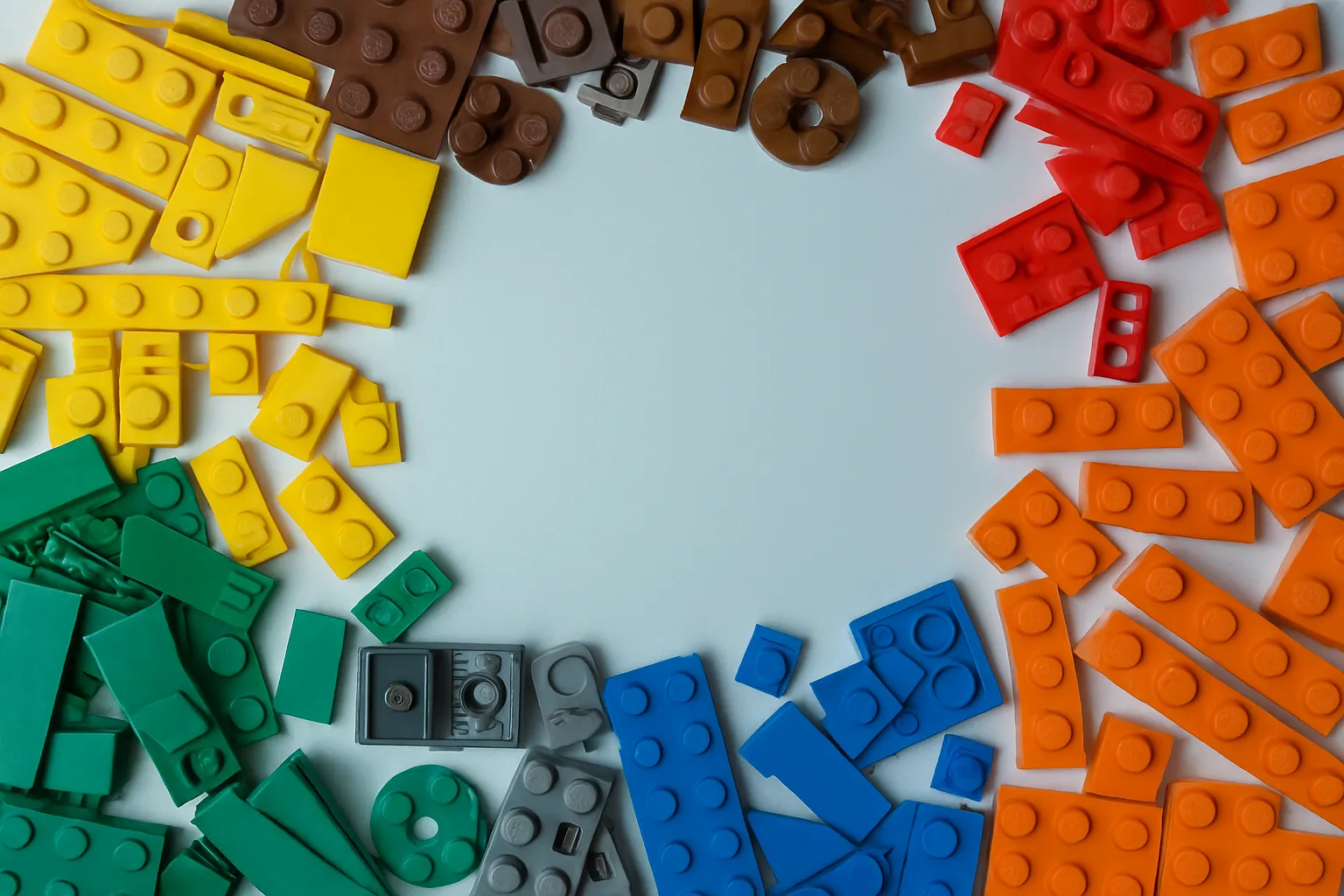 A collection of colorful game pieces in red, yellow, orange, green, and blue arranged around a blank white space.