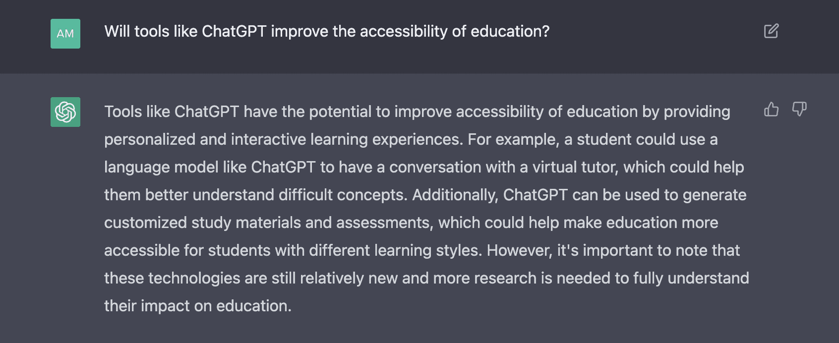 screenshot of chatgpt answering questions about ai in education and accessibility