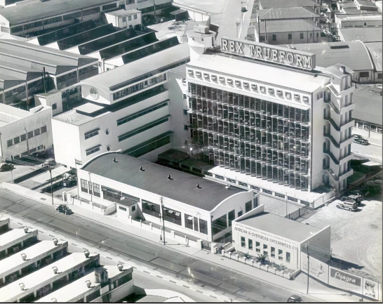 Black and white aerial view of old Rex Trueform building