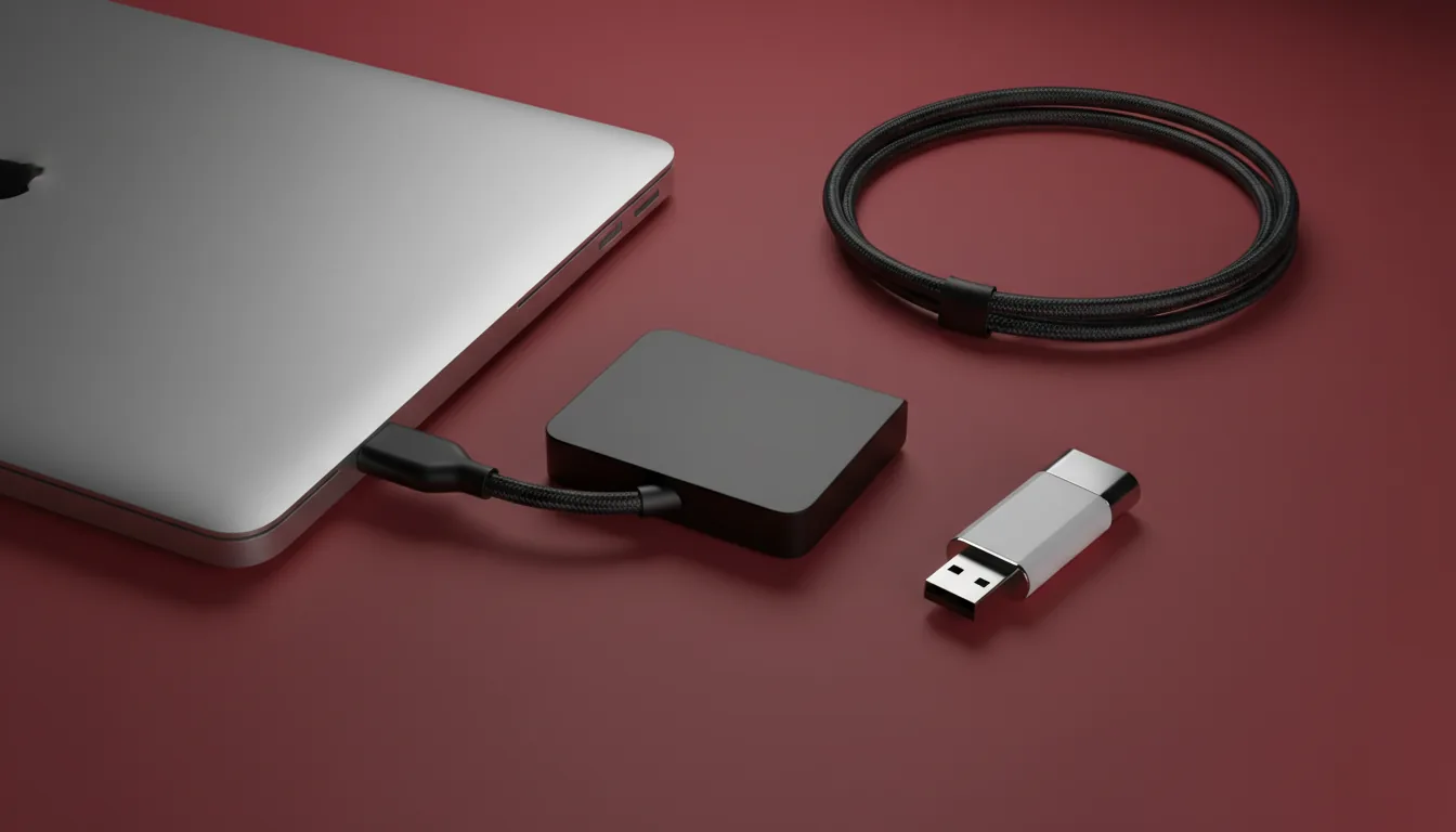 DSLR product photography, high-angle close-up of tech hardware on a vibrant red background. A corner of a modern silver aluminum Chromebook is visible, with a matte black portable external hard drive plugged into its USB port via a black cable. Next to them lies a small white and chrome USB flash drive. The arrangement is clean and minimalist, under soft studio lighting that creates subtle shadows and highlights the brushed metal and matte plastic textures. Everything is in crisp, sharp focus.