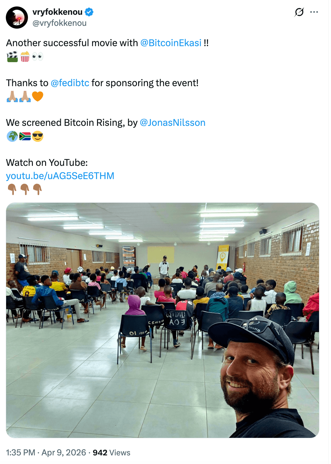 Embedded post from @vryfokkenou on X celebrating a Bitcoin Ekasi Movie Night sponsored by Fedi, announcing a screening of 'Bitcoin Rising' by Jonas Nilsson