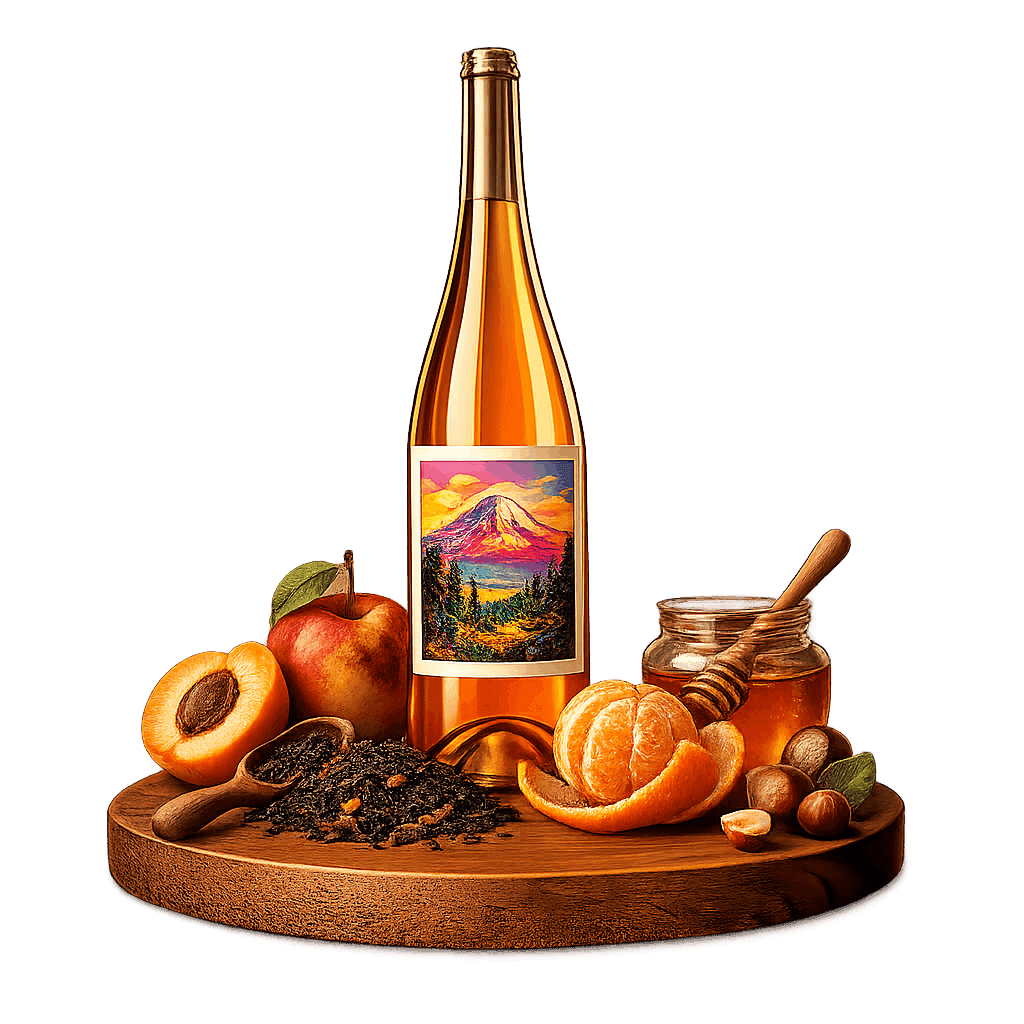 Artistic label and flavor profile for Washington Orange Wine on a rustic wooden table.