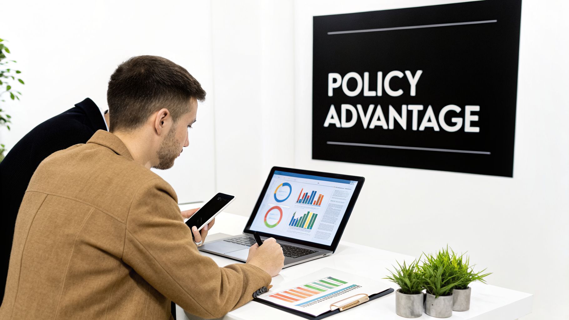 A man analyzes charts on a laptop and phone, with a 