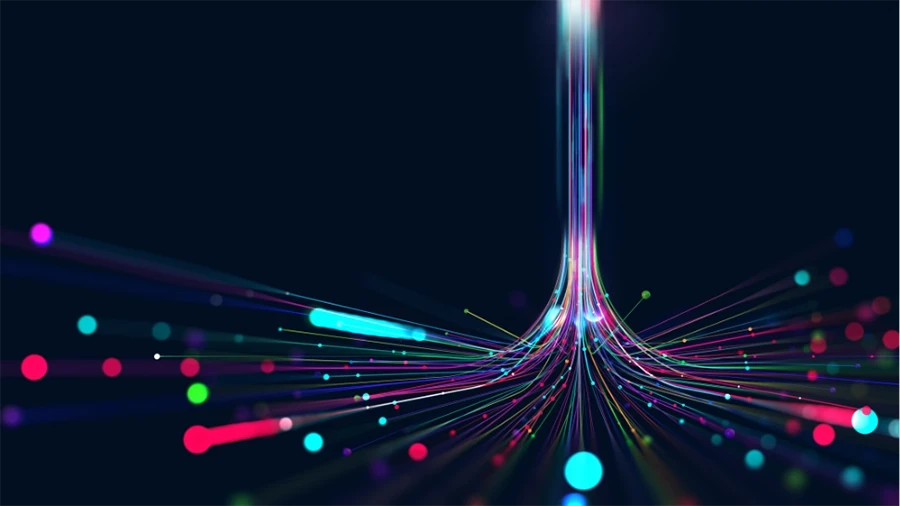 Abstract digital illustration of an innovation funnel with multicolored light trails converging upward into a bright focal point against a dark background.