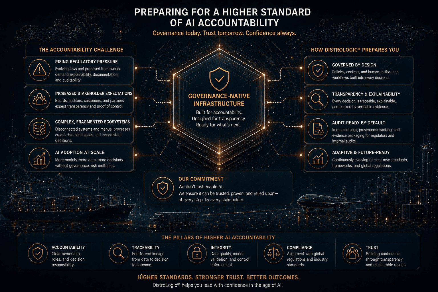 Abstract dark cybernetic governance interface with a central accountability core connected to regulatory pressure, stakeholder expectations, fragmented system risks, and future-ready trust controls, representing higher AI accountability, traceable control, and enterprise execution with audit and verification resilience.