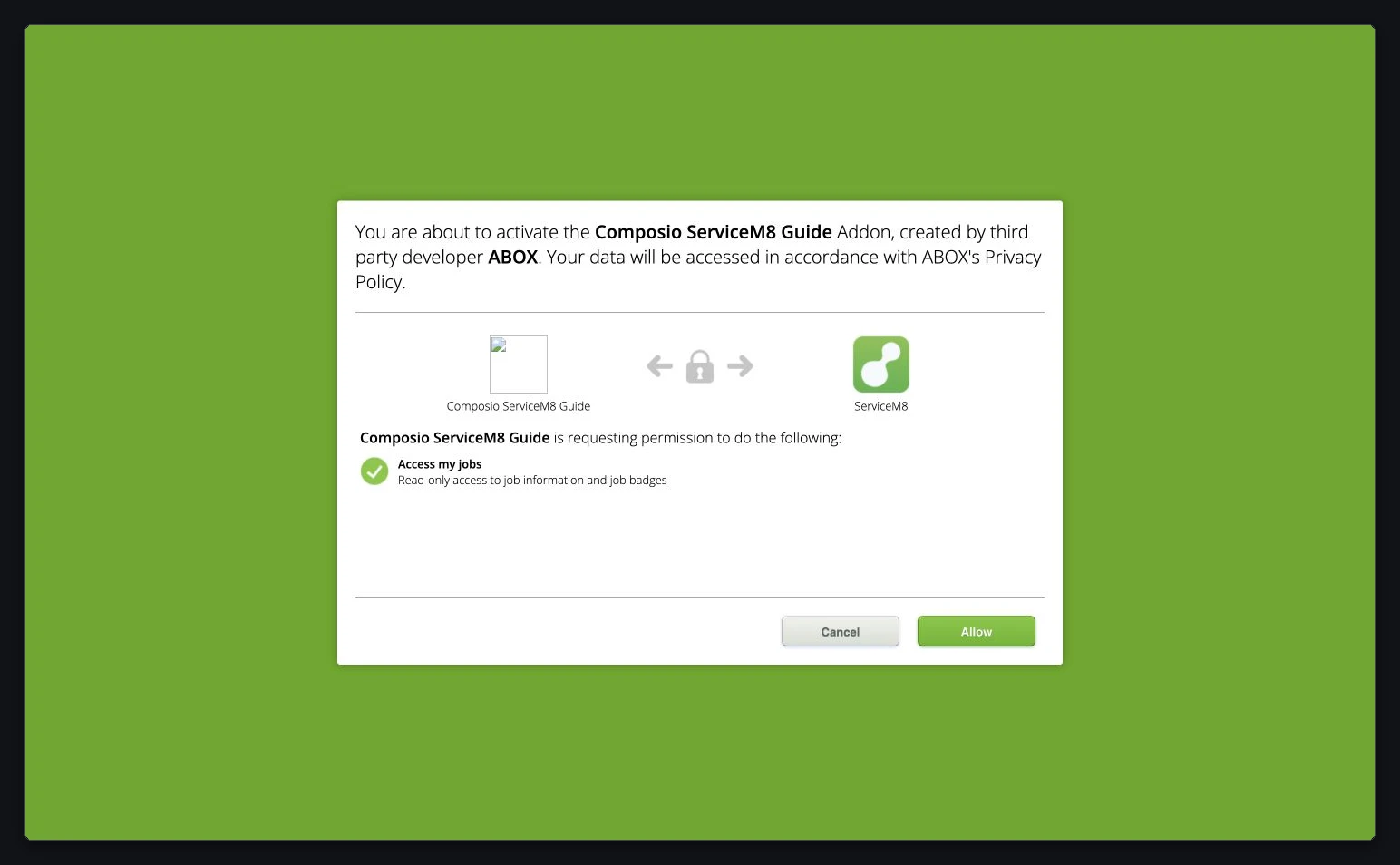 Review the app name and the requested read-only job permission