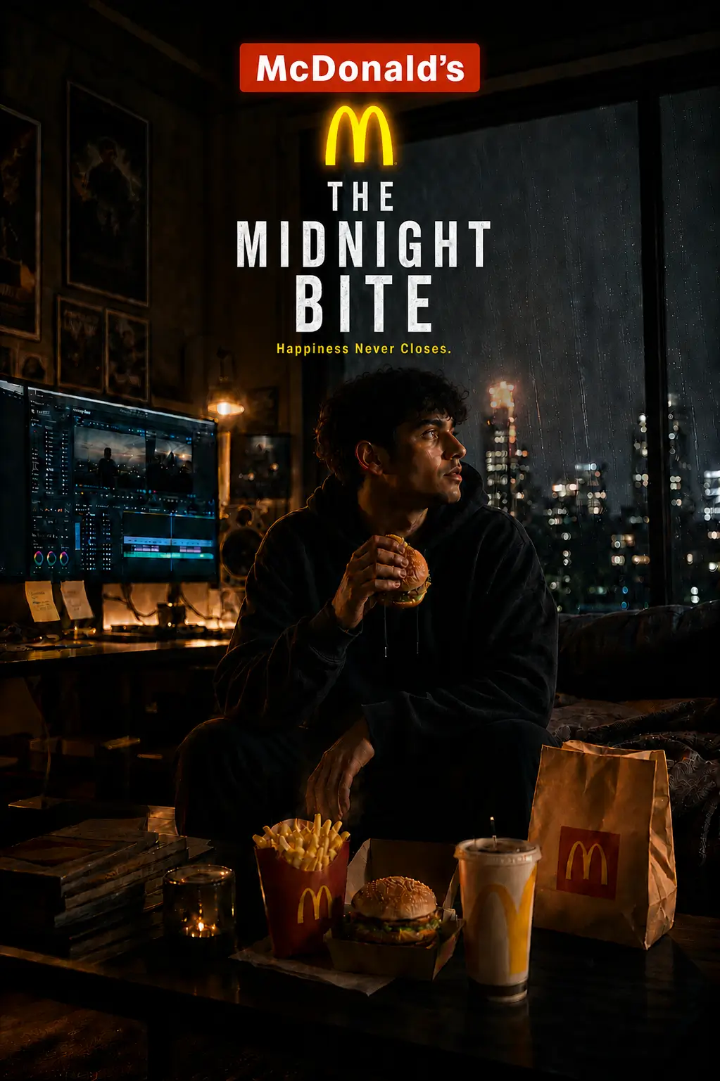 AI-generated McDonald’s night-time poster of a customer enjoying a meal inside a glowing urban setting, evoking comfort and late-night cravings.