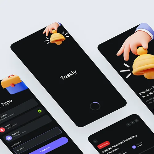 Taskly app dashboard UI design – project and task manager similar to Trello, created in Figma with modern 3D illustrations.