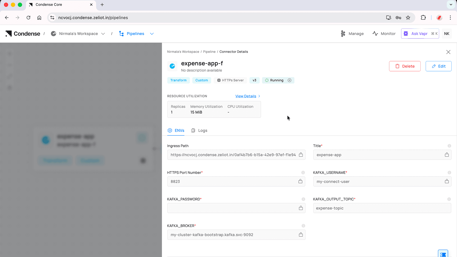 Configuration of the expense tracker app on condense