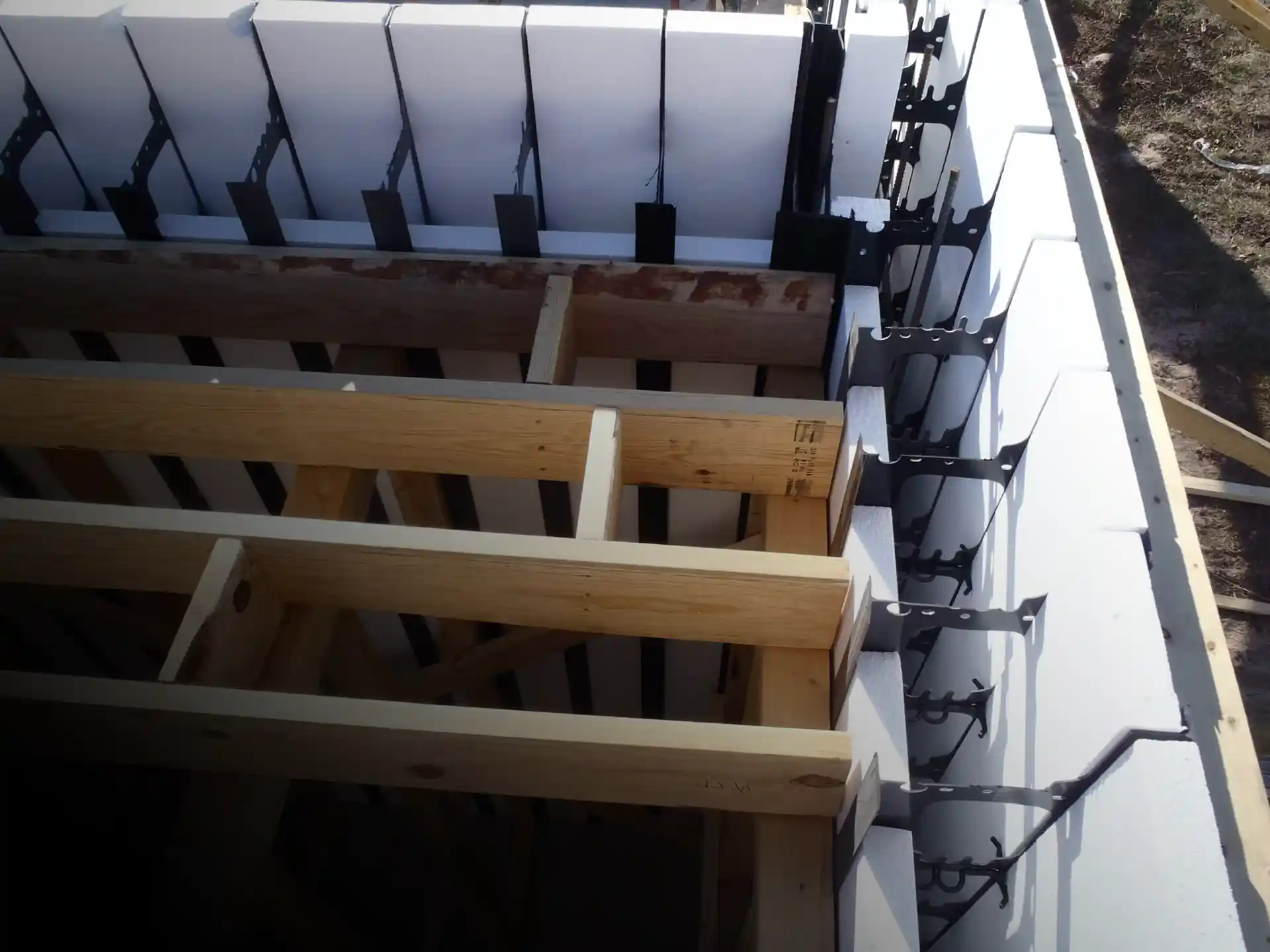 Top view of a fully-assemvled ICF wall before concrete is poured