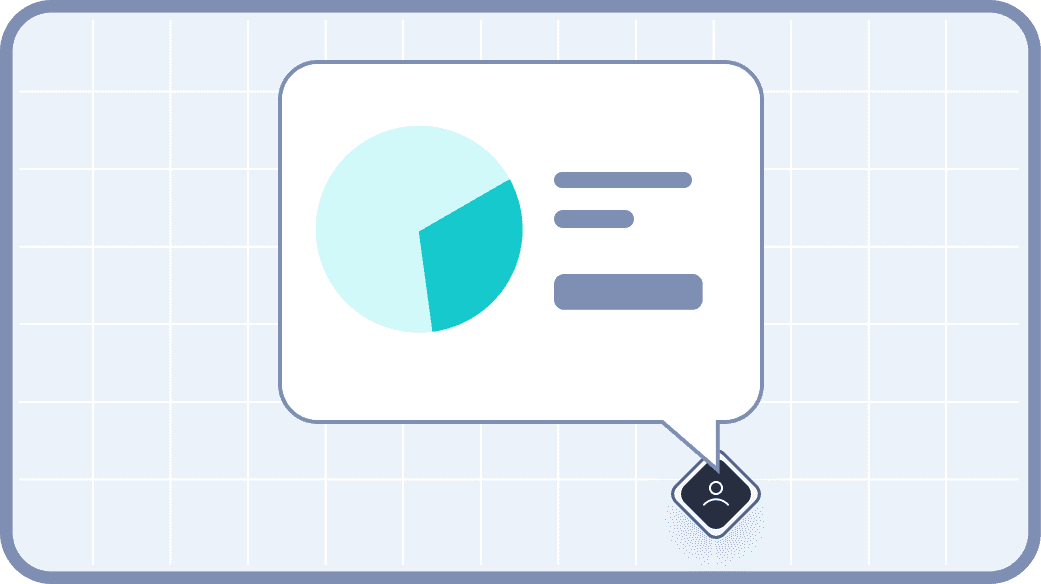 A user with a speech bubble showing a pie chart with some data next to it, set against a blue grid-patterned background, representing user data and analysis.