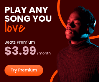 Music streaming ad featuring a man wearing headphones with a Beats Premium subscription offer for $3.99 per month.