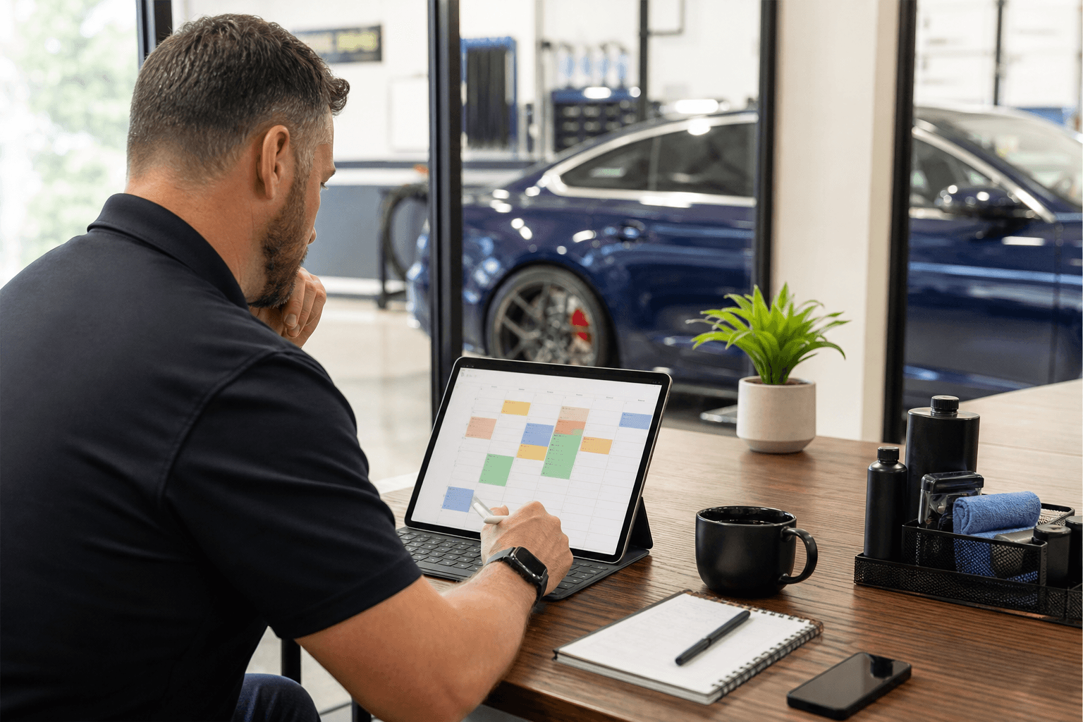 Detailing shop owner scheduling the week's jobs on a tablet calendar at his desk
