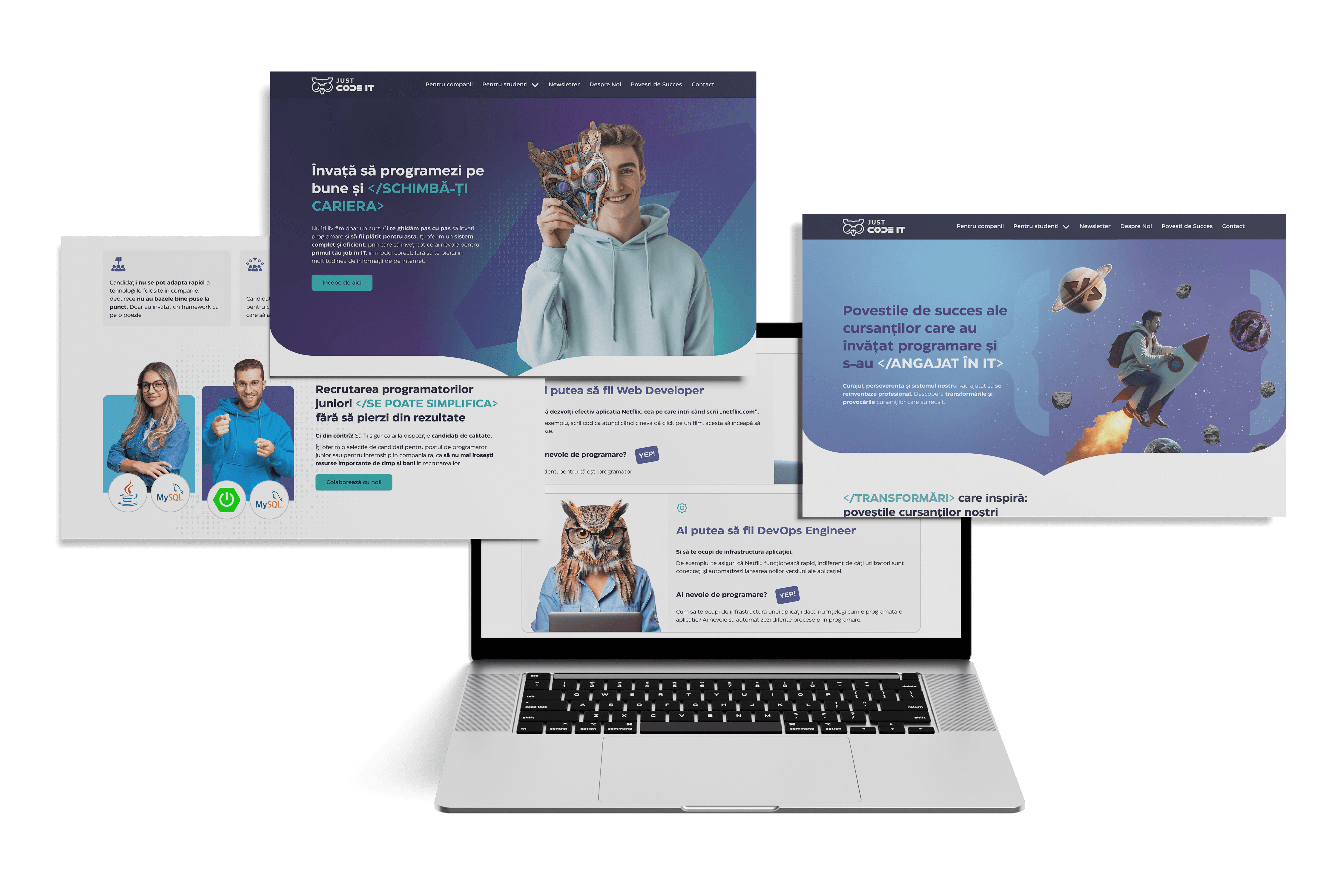 UI Design / Design de site pentru Just Code IT, prezentat pe laptop și ecrane multiple.