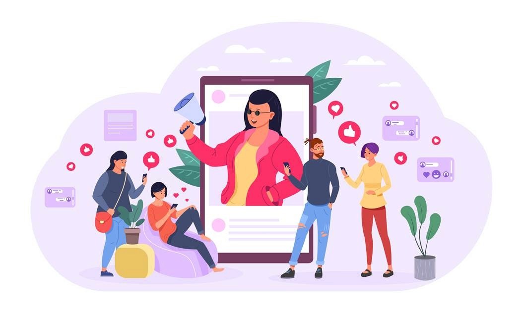 Illustrated influencer holding a megaphone on a smartphone screen surrounded by followers engaging with likes and comments