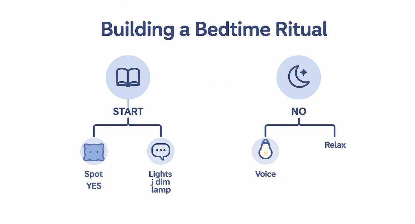 A flowchart diagram titled 'Building a Bedtime Ritual' showing steps like dimming lights and relaxing.