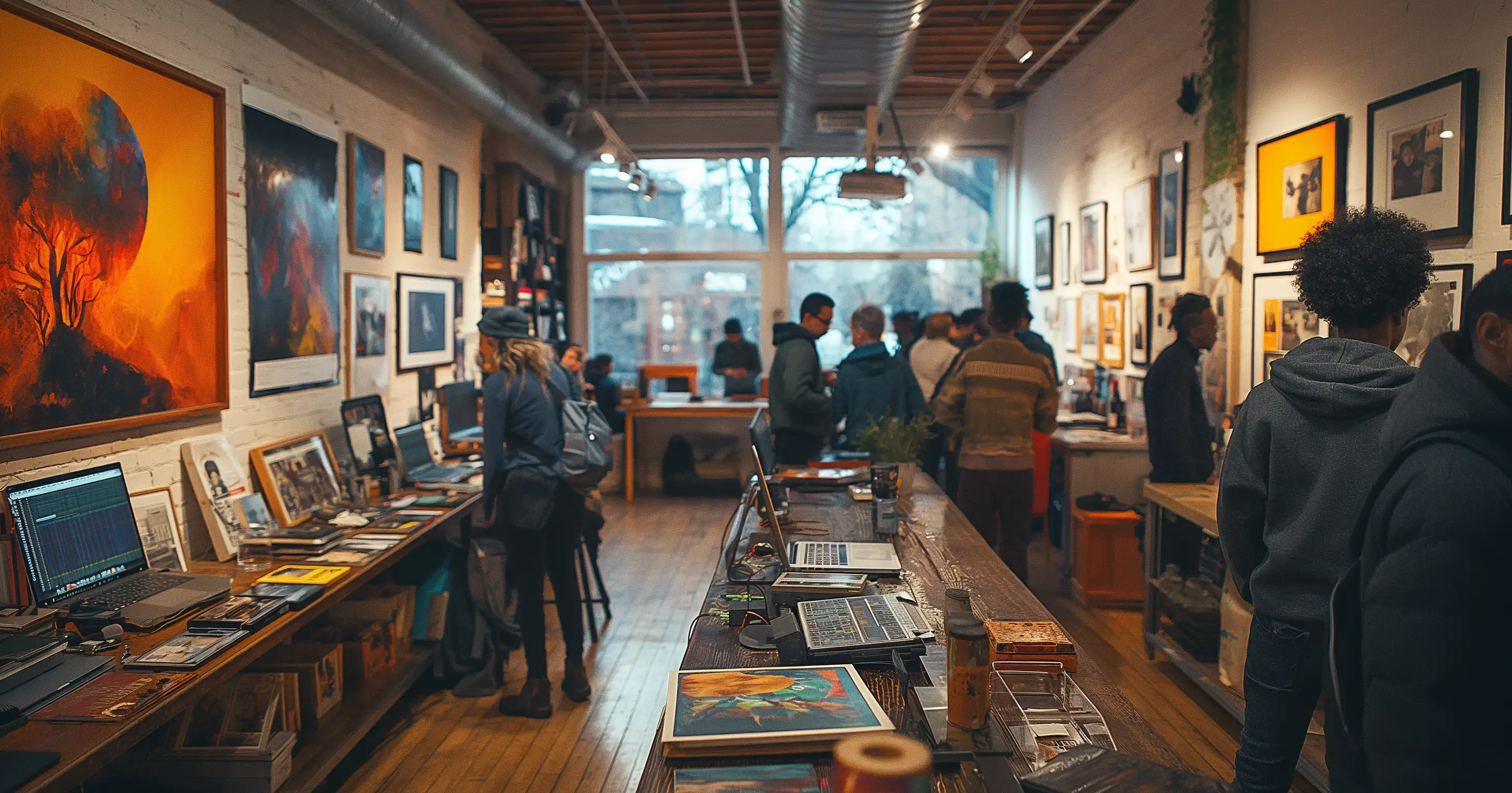 a small gathering of musicians in a studio space talking with each other