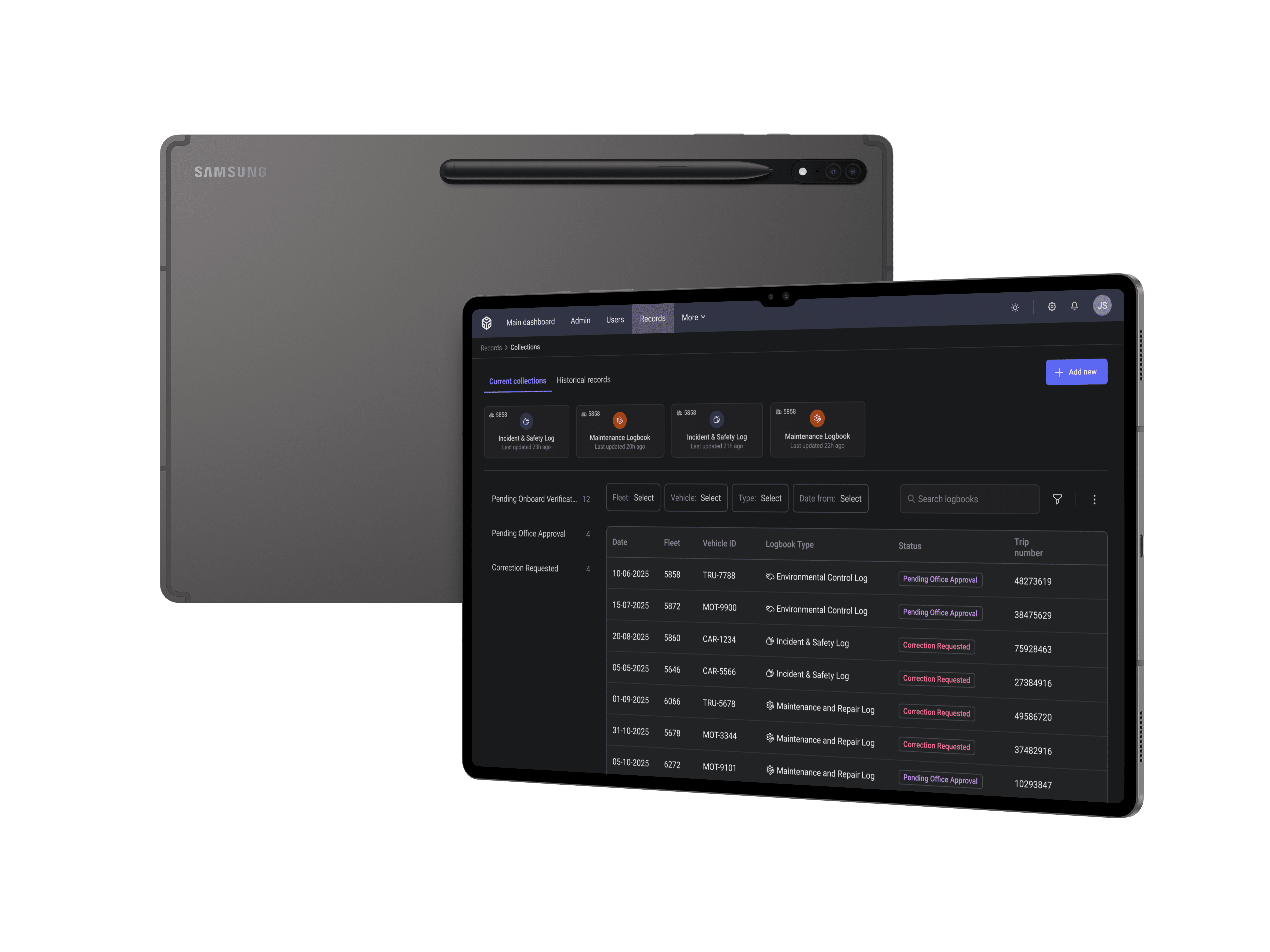 Logbooks homepage tablet mockup