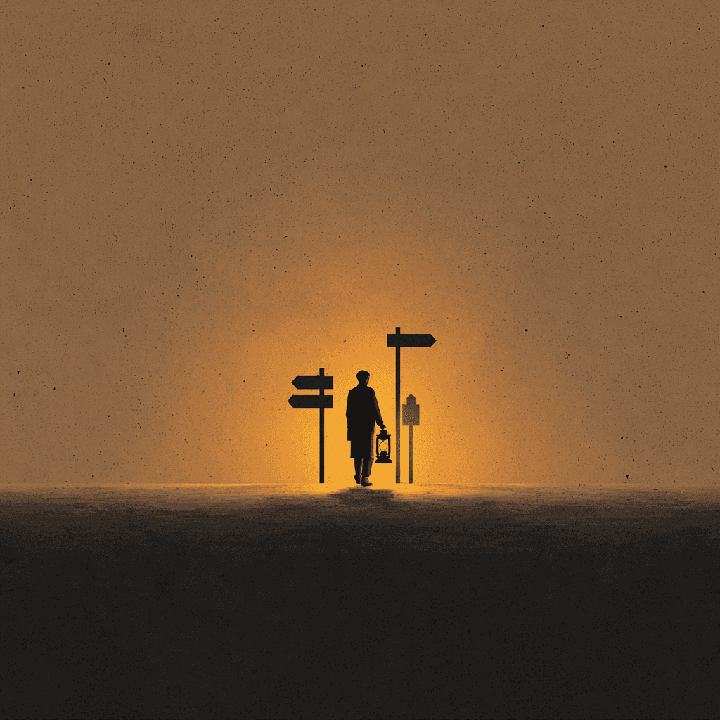 a person in the middle between a direction post