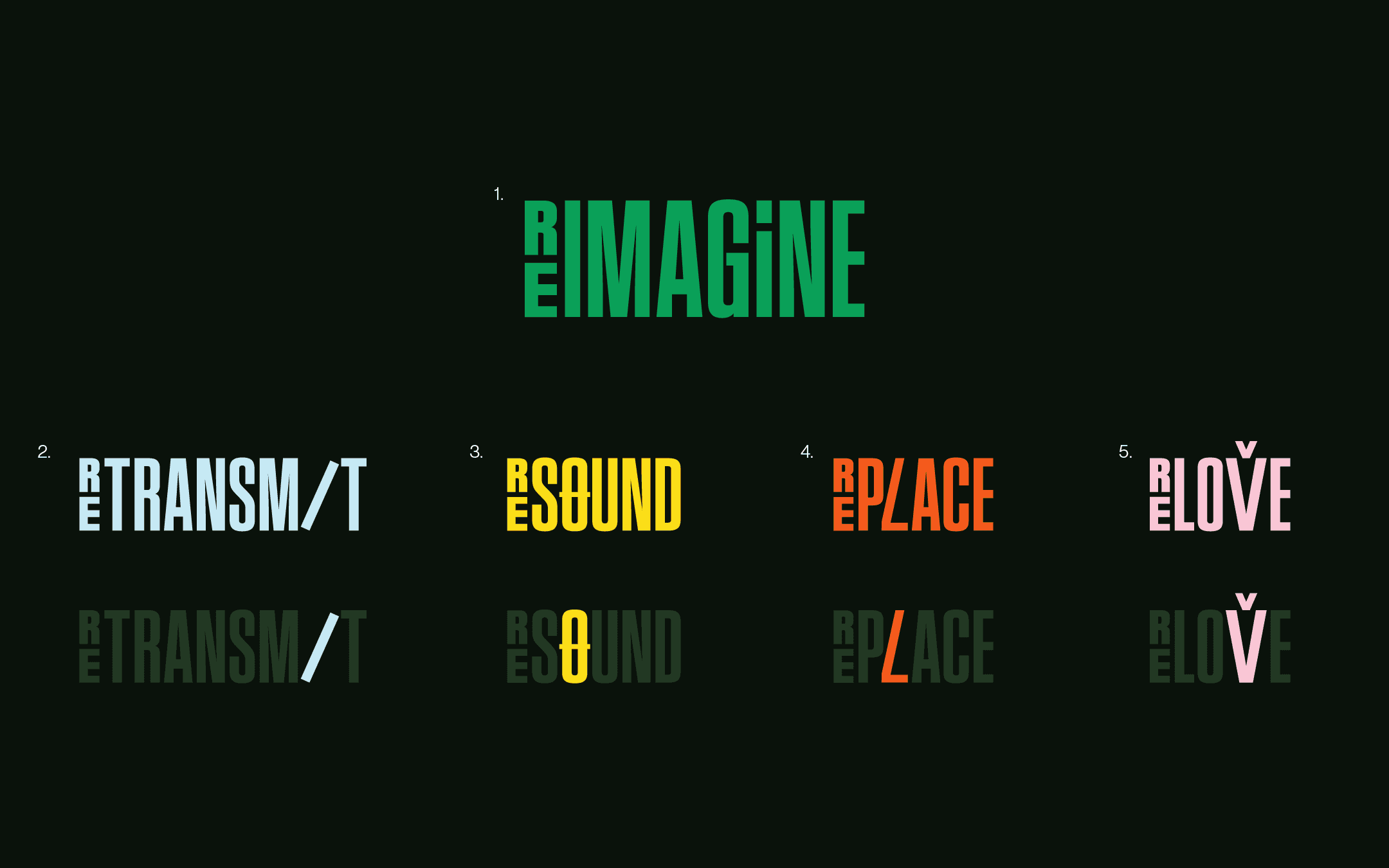 Re:Imagine graphics arranged in perspective to create book-like planes.