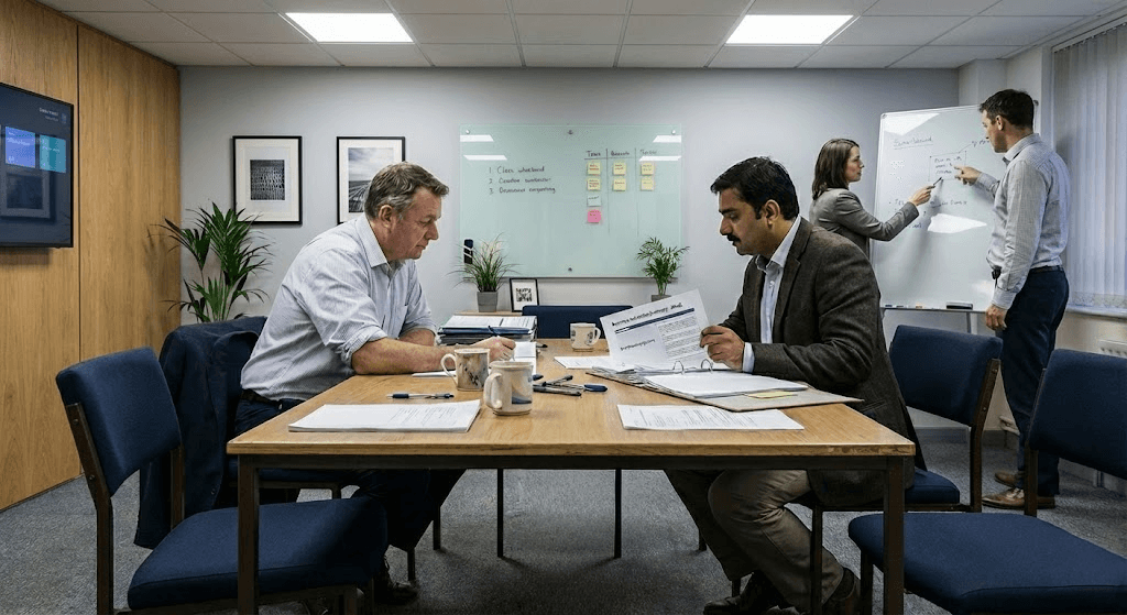 Four workers in black coveralls walk through an industrial facility.