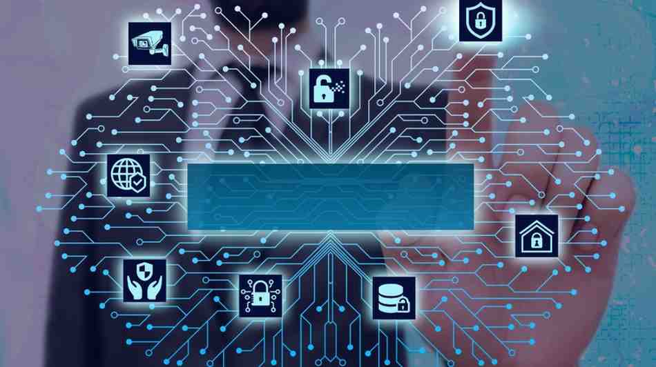 A 3d circuit board onscreen with various security icons and a person's thum touching the screen