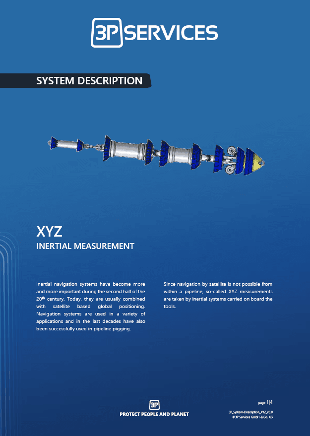 Beschreibung des XYZ-Inertialmesssystems. Navigationswerkzeuge, die in der Pipeline verwendet werden. 3P Services Logo. Schütze Mensch und Umwelt.